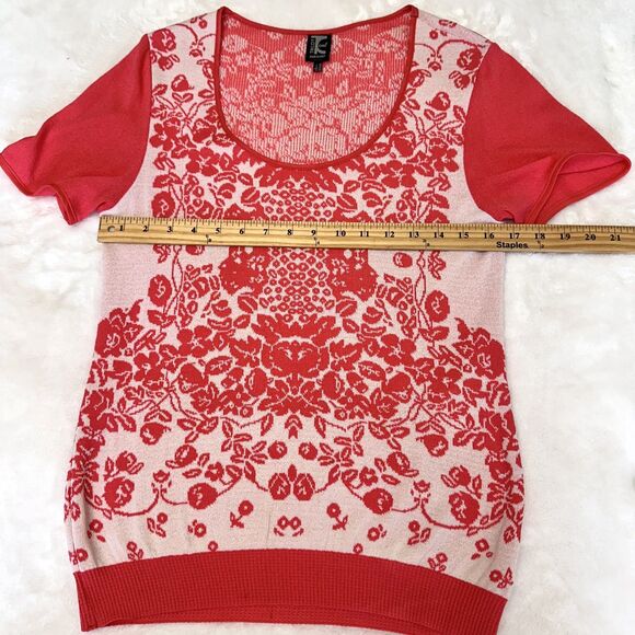 Tricot Chic Women Coral White Floral Short Sleeve Stretch Knit Sweater Top Sz 10 - Picture 11 of 13